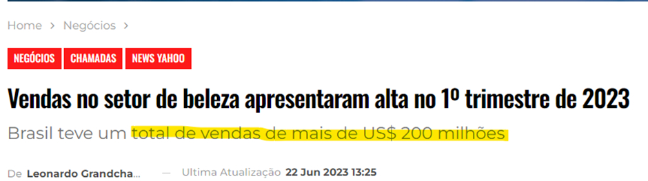 O artigo é do site “Negócios” e é sobre o setor de beleza no Brasil.