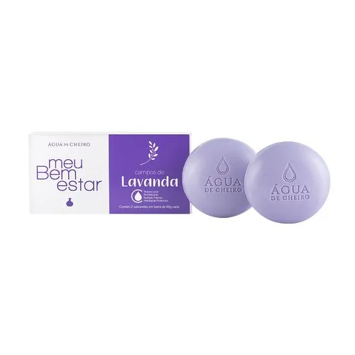 Conjunto de sabonetes "Meu Bem-Estar" da Água de Cheiro, fragrância Campos de Lavanda. A embalagem contém dois sabonetes lilases em barra, com a marca em relevo. O design da caixa é branco e roxo, destacando a lavanda.