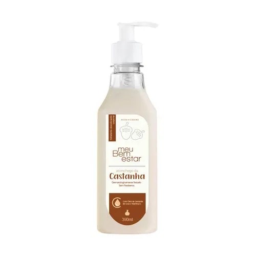 Frasco com pump da loção hidratante facial Meu Bem Estar com toque de castanha, da Água de Cheiro, com 350 ml.