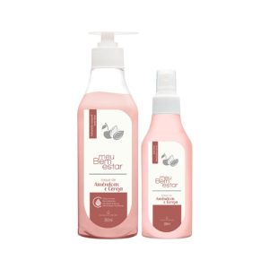 Dois frascos da linha "Meu Bem Estar" com fragrância de Amêndoas e Cereja, um com pump de 350 ml e outro em spray de 250 ml.
