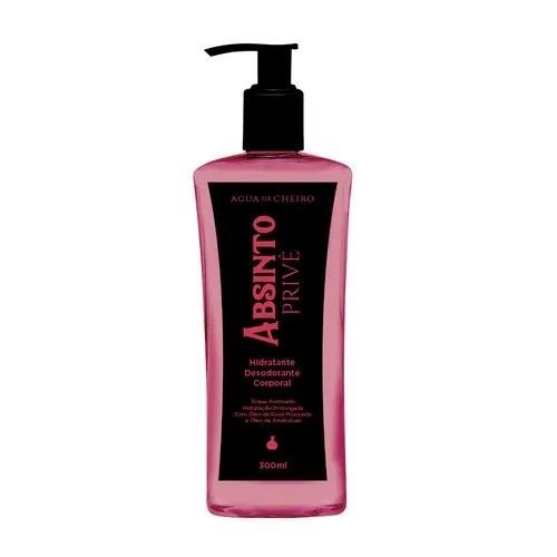 Frasco rosa com pump preto do hidratante desodorante corporal Absinto Privé da Água de Cheiro, com 300 ml.