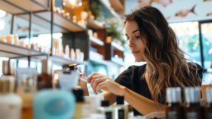 Mulher jovem testando produtos de beleza em uma loja de cosméticos.